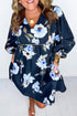 Blue Ricrac Contrast Trim Floral Puff Sleeve Plus Size Dress