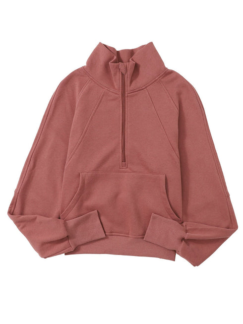 brown-zip-up-stand-collar-ribbed-thumbhole-sleeve-sweatshirt