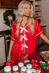 Fiery Red Contrast Trim Ribbon Bow Short Silky 2pcs Pajama Set