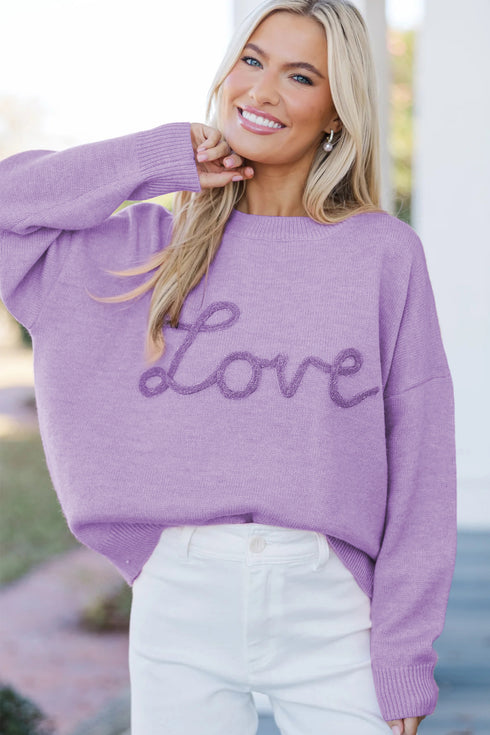 Orchid Petal Corded Love Script Graphic Baggy Sweater
