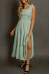 Green Shirred Pleated Square Neck Sleeveless Midi Dress