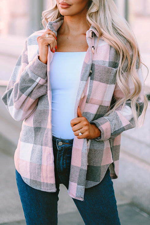 Pink Gray Plaid Color Block Buttoned Long Sleeve Jacket with Pocket