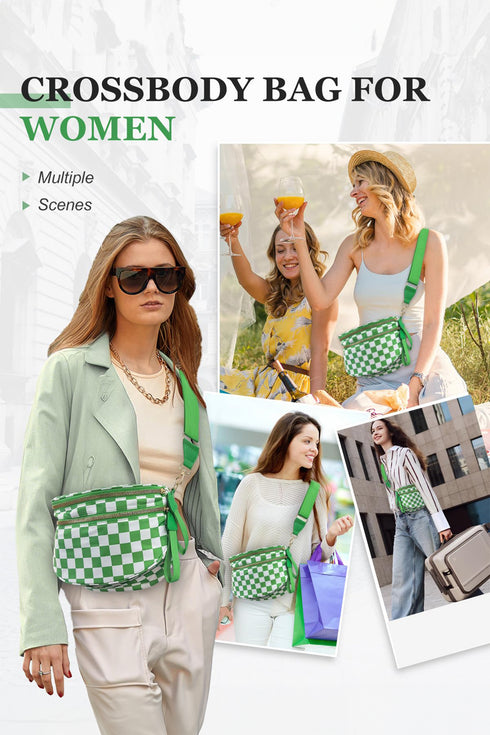 Green Checkered Print Wide Strap Large Crossbody Bag