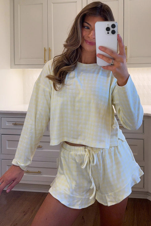 Yellow Gingham Long Sleeve Loose Top Drawstring Shorts 2pcs Pajama Set