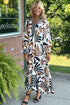 Brown Tropical Printed Contrast Trim Neck Long Sleeve Ruffle Hem Dress