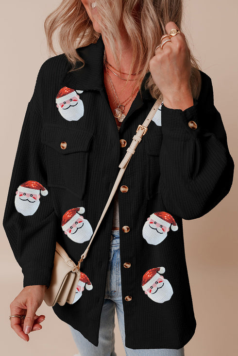 Black Sequin Father Christmas Graphic Button Down Ribbed Shacket