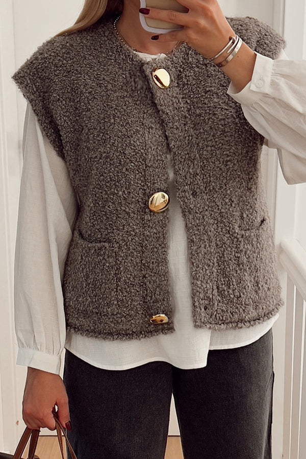 Dark Grey Big Button Accent Fuzzy Pocket Vest