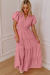 Gossamer Pink Solid Color V Neck Short Puff Sleeve High Waist Tiered Maxi Dress