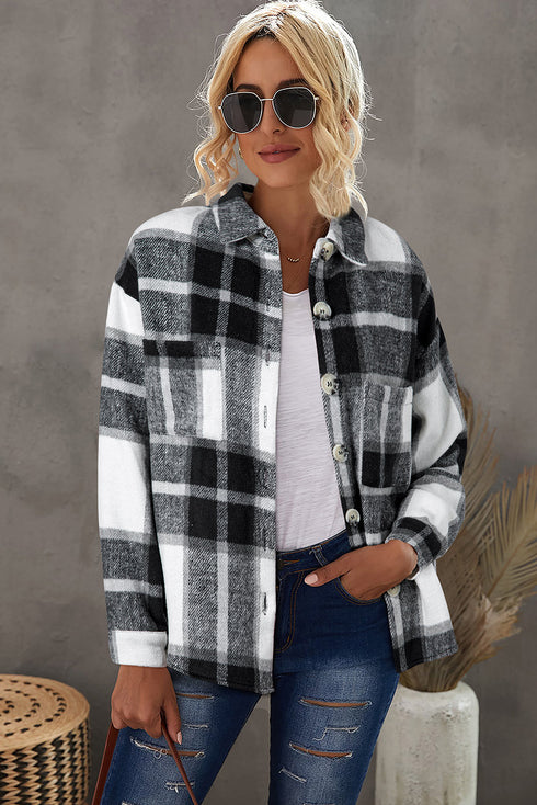 Gray Plaid Color Block Buttoned Long Sleeve Jacket with Pocket