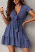 Blue Deep V Neck Self-tie Knotted Front Layered Flare Mini Dress