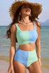 Sky Blue Corded Colorblock Square Neck Bikini Swimsuit