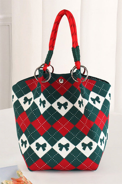 Fiery Red Retro Argyle Bow Printed Fashion Knit Bucket Bag