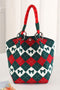 Fiery Red Retro Argyle Bow Printed Fashion Knit Bucket Bag