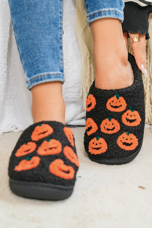 Black Halloween Pumpkin Plush Home Slippers