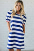 Blue Stripe Contrast Trim Round Neck Short Puff Sleeve Shift Dress