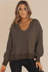 Dark Brown Waffle Knit Notched V Neck Drop Shoulder Solid Sweatshirt