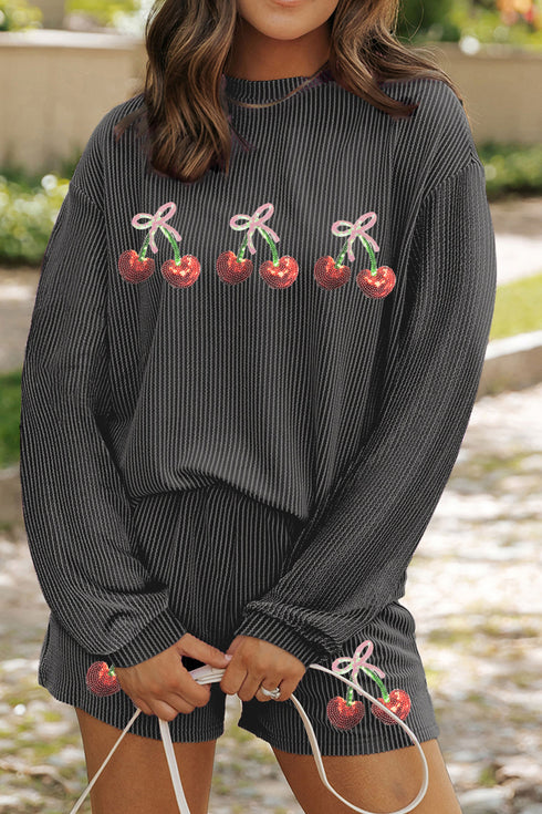 Carbon Grey Twisted Ribbed Sequin Cherry Patched Long Sleeve Pullover and Shorts 2pcs Set