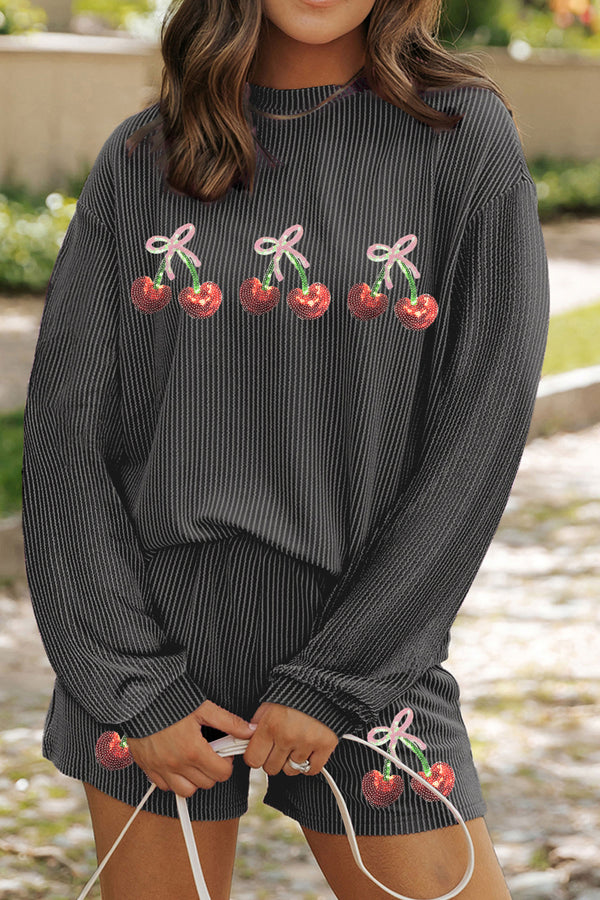 Carbon Grey Twisted Ribbed Sequin Cherry Patched Long Sleeve Pullover and Shorts 2pcs Set
