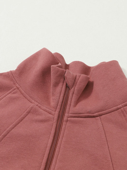 brown-zip-up-stand-collar-ribbed-thumbhole-sleeve-sweatshirt