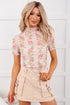 Beige Floral Print Mock Neck Short Sleeve Mesh Top