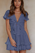 Blue Deep V Neck Self-tie Knotted Front Layered Flare Mini Dress