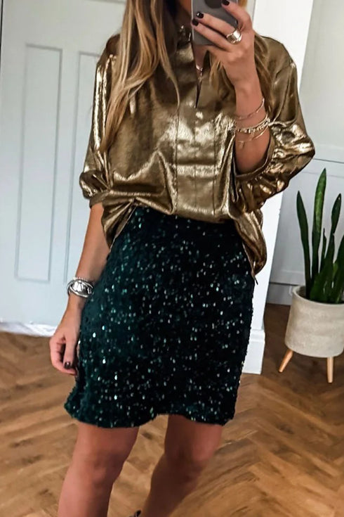 Gold Metallic Split Neck Half Sleeve Blouse