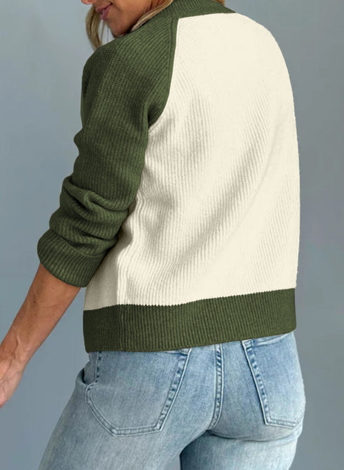 Blackish Green Color Block Ribbed Knit Button Down Sweater Cardigan