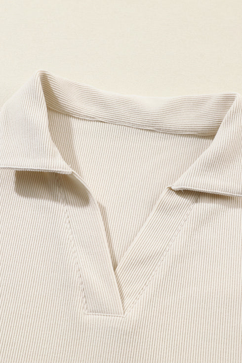 Beige Collared Split Neck Ribbed 2pcs Athleisure Outfit