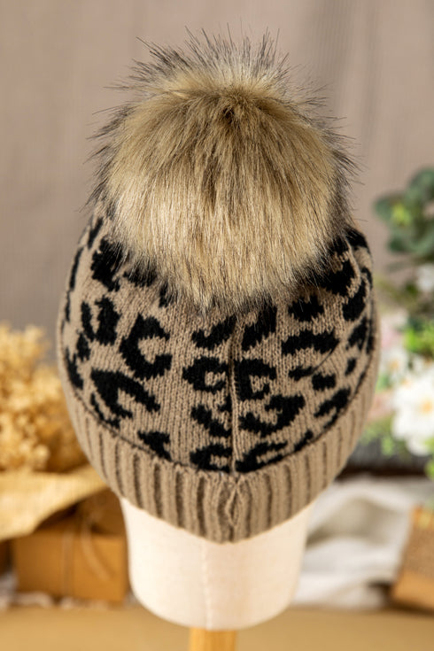 Light French Beige Faux Fur Pompom Leopard Knit Beanie
