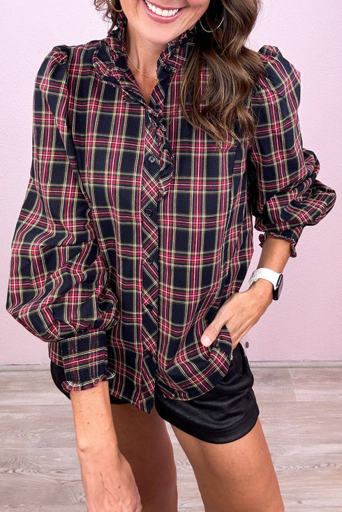Multicolour Plaid Pattern Frilled Collared Puff Sleeve Shirt