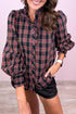 Multicolour Plaid Pattern Frilled Collared Puff Sleeve Shirt