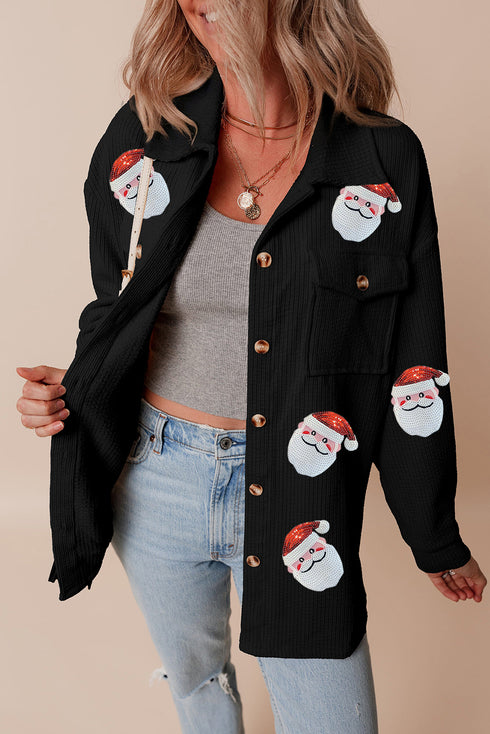 Black Sequin Father Christmas Graphic Button Down Ribbed Shacket
