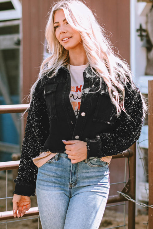 black-sequin-sleeve-pocketed-raw-hem-denim-jacket