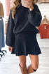 Black High Neck Puff Sleeve Sweater Pleated Mini Skirt 2pcs Knitted Outfit