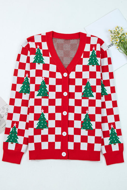 Red Checkered Christmas Tree Pattern Button V Neck Cardigan Sweater