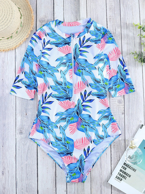 fiery-red-blue-leaves-zip-front-half-sleeve-one-piece-swimsuit