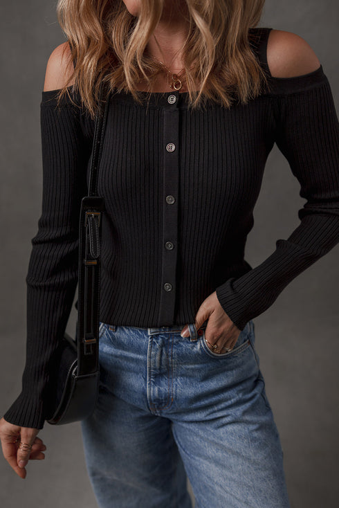Black Ribbed Knit Cold Shoulder Button Front Sweater