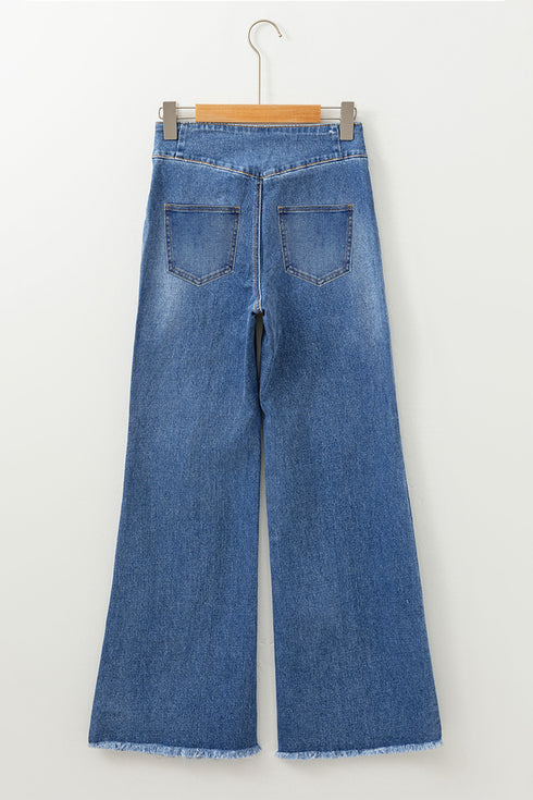 Sail Blue High Waist Button Fly Seamed Raw Hem Flare Jeans