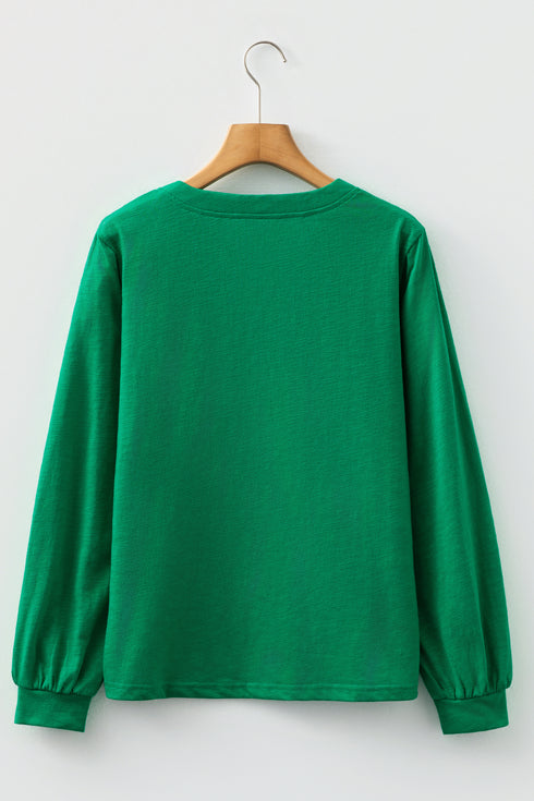 Mist Green Solid Color Button V Neck Long Sleeve Top