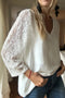 White Lace Patchwork 3/4 Sleeve V Neck Blouse