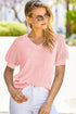 Apricot Pink Solid Color Knit Contrast Hollowed Short Sleeve V Neck Sweater