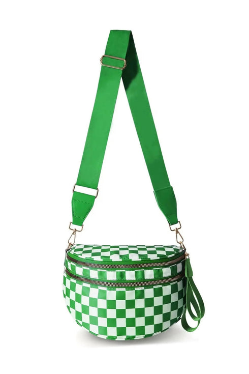 Green Checkered Print Wide Strap Large Crossbody Bag
