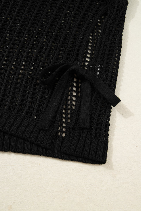 Black Plus Size Open Knit Bow Tie Short Sleeve Sweater