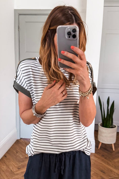 Green Stripe Cuffed Sleeve Button Detail Loose Tee