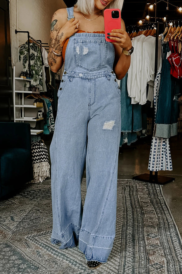 Mist Blue Retro Distressed Button Adjustable Straps Denim Overall Jumpsuit