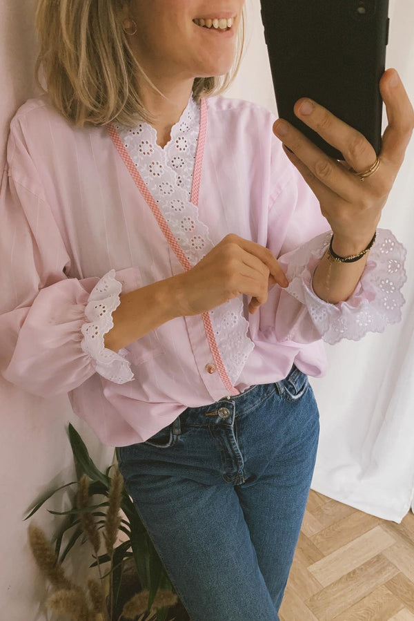 Light Pink Lace Patchwork Puff Sleeve Shirt