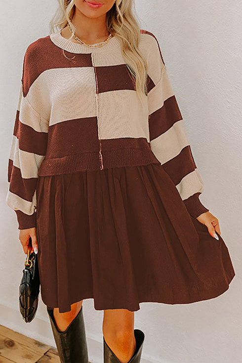 Brown Stripe Two in One Knitted Top High Waist Splicing Hem Sweater Dress