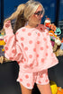 Pink Polka Dot Print Drop Shoulder Pullover Drawstring Shorts Set