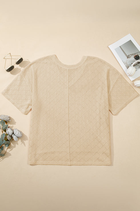 Golden Fleece Pointelle Rhombus Knit Plus Size V Neck Loose Top