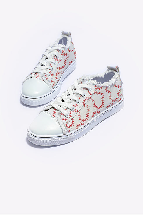 White Baseball Seam Printed Frayed Canvas Shoes